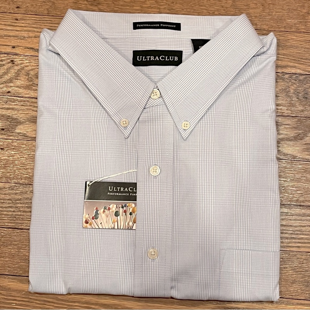 NWT-Blue Checked UltraClub Performance Pinpoint Button Down Long Sleeve